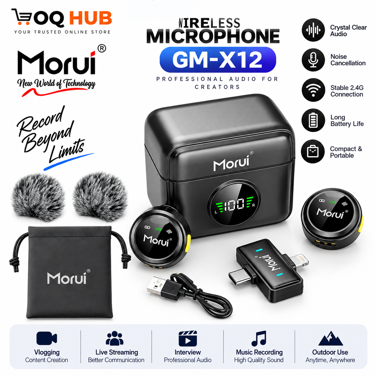 Morui GM-X12 Dual Wireless Microphone with Magnet Lock, ANC & ECO Mode